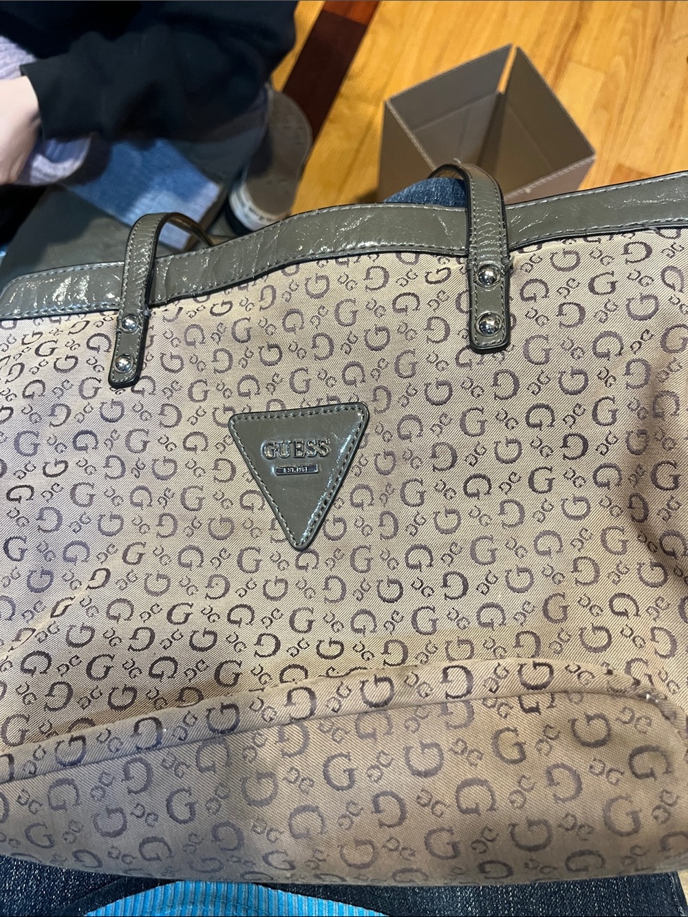 Guess Monogram Tote in Taupe and Olive Trim